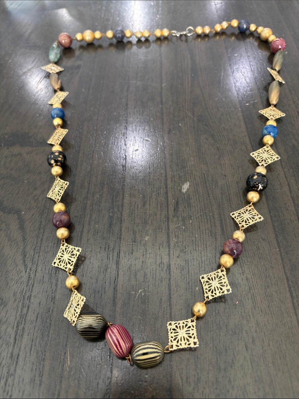 Artisan Multicolor Beaded Filigree Necklace - Gold Accents